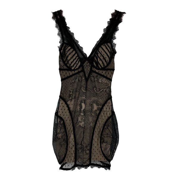 Vintage Bebe Nude & Black Lace Corset Style Mini Dress XS| Femme Fatale Coquette - Picture 13 of 16